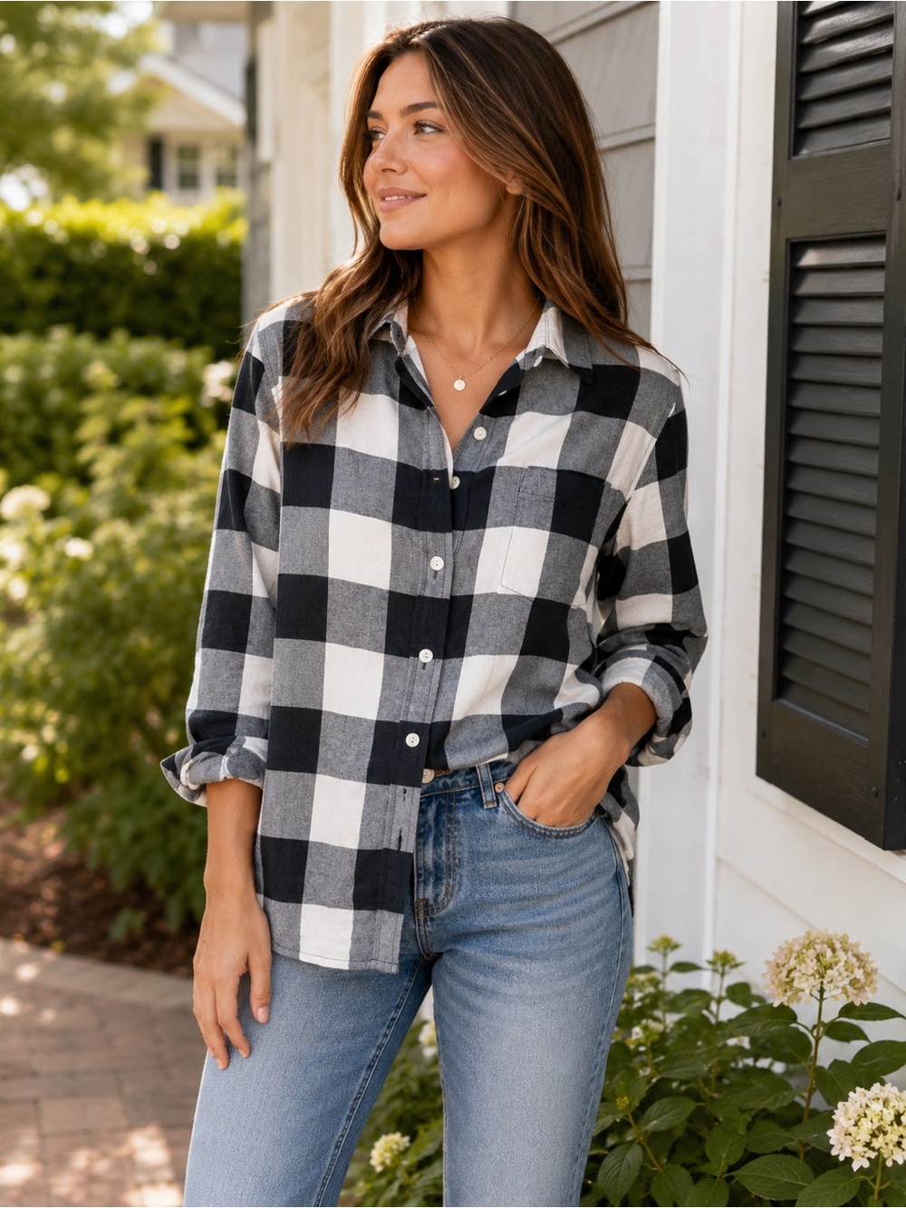 J.Crew Buffalo Check Flannel Button Down Shirt Black White Size 4 Plaid Preppy